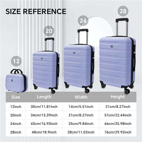 4 Piece Hard Shell Luggage Set,Carry on Suitcase with Spinner Wheels,Family Luggage Set,Lavender Purple(12/20/24/28in)