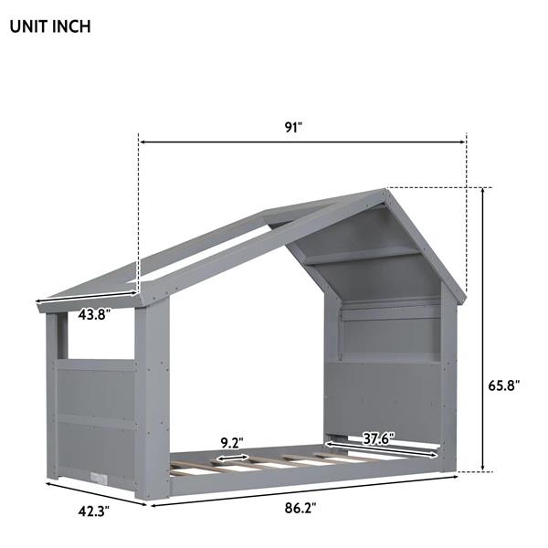 Twin House Floor Bed with Roof Window, LED Light,Grey