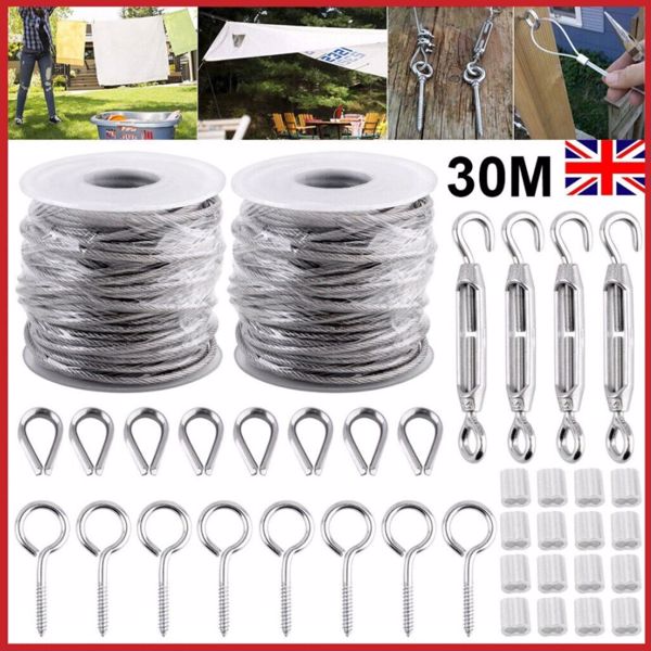 30M Stainless Steel Wire Rope Cable Hooks Hanging Kit Garden Railing Rope Roll