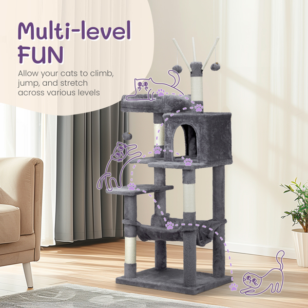 57 inch Cat Tree Cat Tower for Indoor Cats, Cat House with Padded Platform Bed, Toy Balls, Large Cozy Condo and Sisal Scratching Posts, Dark Grey