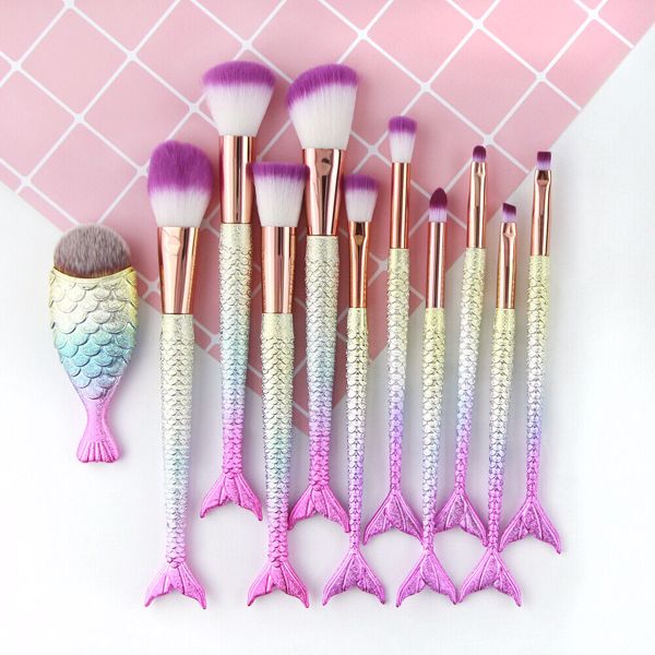 11Pcs Mermaid Make up Brushes Eye Shadow Blusher Kabuki Face Powder For women