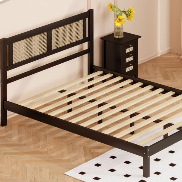 Queen Size Wooden Platform Bed with Natural Rattan Headboard, Exquisite Elegance with Minimalist Charm for Bedroom, Black