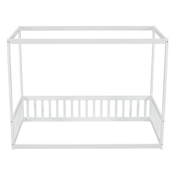 Twin Size Canopy Frame Floor Bed with Fence, Guardrails,White