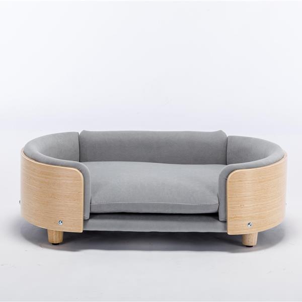 Scandinavian style Elevated Dog Bed Pet Sofa With Solid Wood legs and Bent Wood Back, Velvet Cushion,Mid Size Light Grey