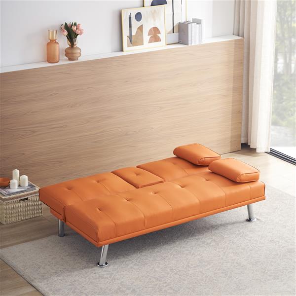 67" Orange Leather Multifunctional Double Folding Sofa Bed for Office with Coffee Table