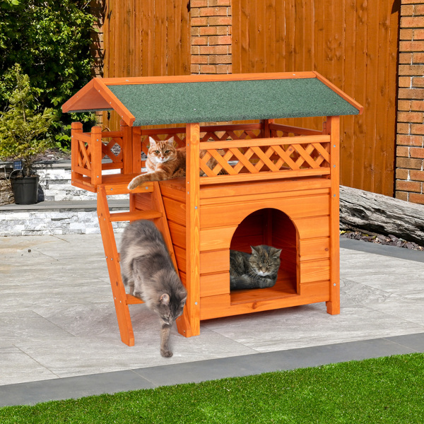 2-Story Wooden Feral Cat House Outdoor Indoor Kitty Houses with Door & Stairs & Weatherproof Roof, Orange & Green