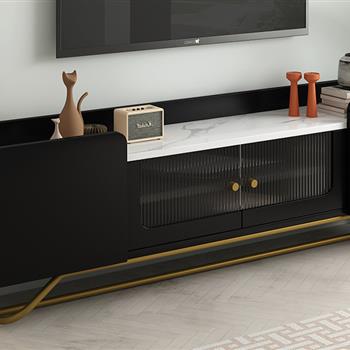 Sleek Design TV Stand with Fluted Glass, Contemporary Entertainment Center for TVs Up to 70\\", Faux Marble Top TV Console Table with Gold Frame Base, Black