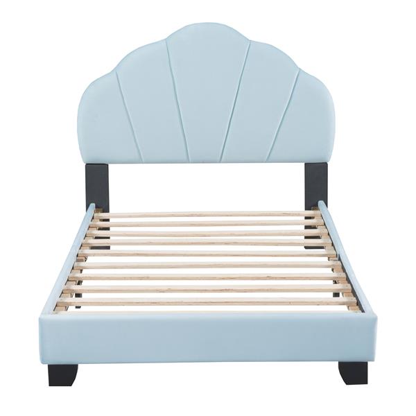 Twin Size Upholstered Velvet Platform Bed with Shell-Shaped Headboard, Blue