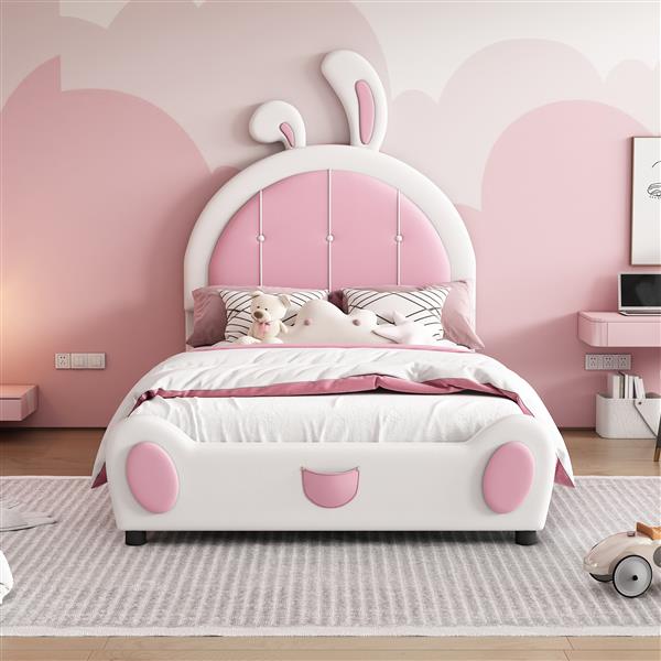 Twin Size Upholstered Platform Bed with Rabbit Shaped Headboard, White