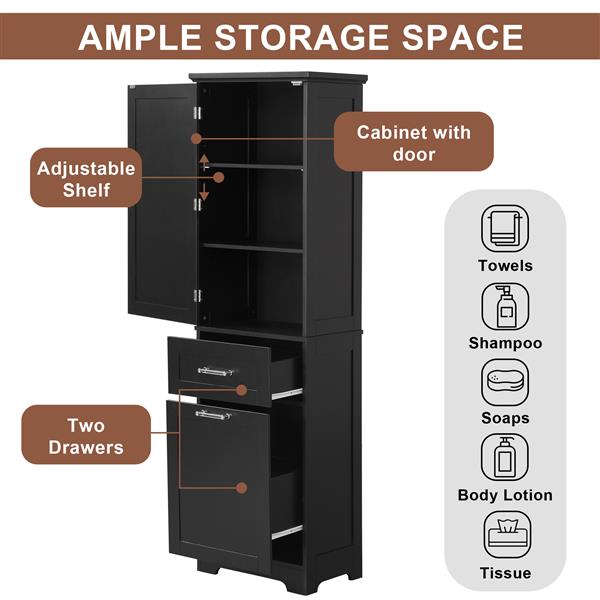 Tall Bathroom Storage Cabinet,  Storage Cabinet with Two Different Size Drawers and Adjustable Shelf, MDF Board with Painted Finish, Black