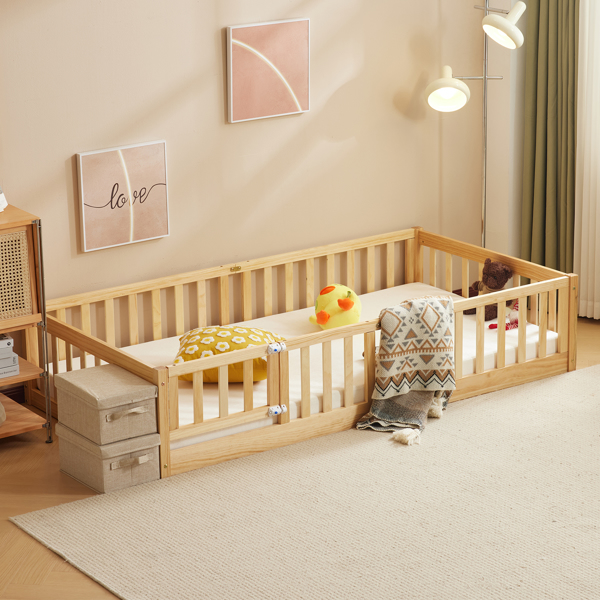 Fence bed with door and decking, natural wood color, painted surface, pine wood, twin children's bed