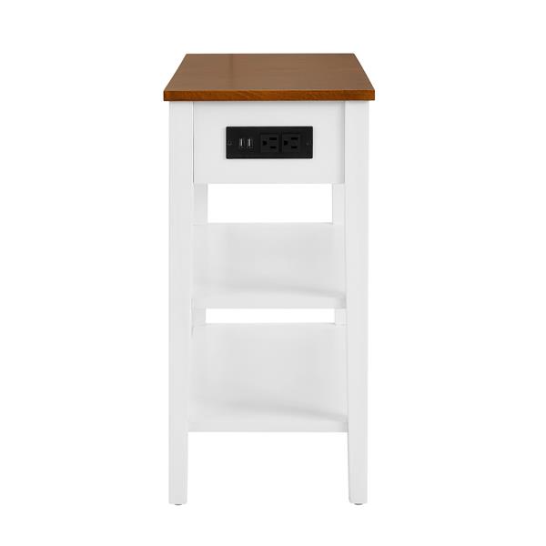 Narrow 2-tone End Table with USB Charging Ports for Small Space, SOLID WOOD Table Legs, White and Walnut, 11.8"W*24"D*24.2"H