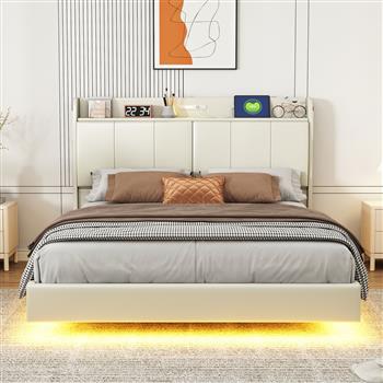 Queen Size Floating Bed Frame with Storage Headboard, Modern Upholstered Platform Bed with Touch Sensor Night Light and USB Charger, Beige