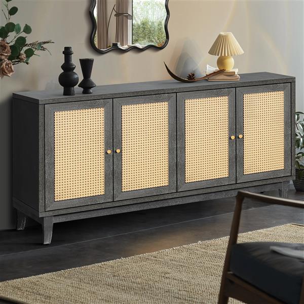 Handcrafted Premium Grain Panels,Rattan Sideboard Buffer Cabinet With 4 Rattan Doors, Modern Storage Cupboard Console Table with Adjustable Shelves for Living Room(Antique Dark  Gray)