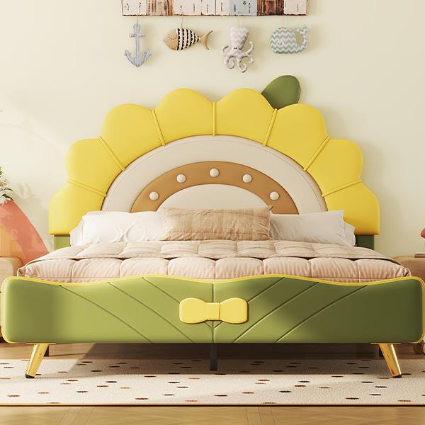 Full Size Upholstered Platform Bed with Sunflower Shaped Headboard, Green