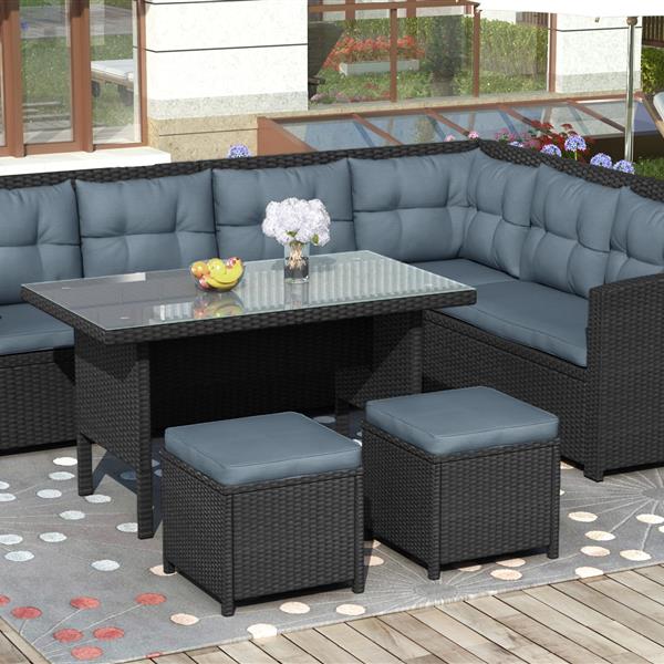 6-Piece Patio Furniture Set Outdoor Sectional Sofa with Glass Table, Ottomans for Pool, Backyard, Lawn (Black)