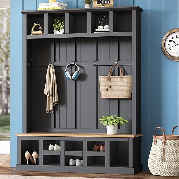 Farmhouse Wooden Style 78''H Modern Hall Tree with Wide Storage Seating Bench, Entryway Shoe Cabinet with 13 Compartments, Elegant Coat Rack with 6 Hooks for Mudroom, Living room, Black