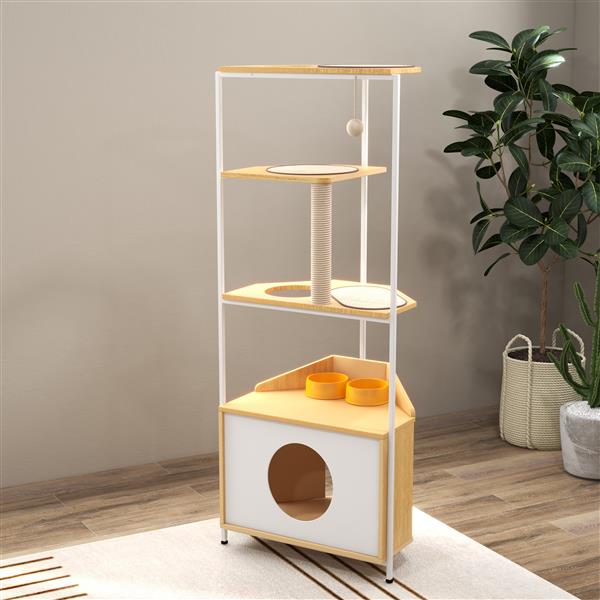 Corner Cat Tower, Cat Tree with Scratching Post, Cat Condo with Feeding Station and Climbing Platforms, Pet Furniture for Indoor Cats