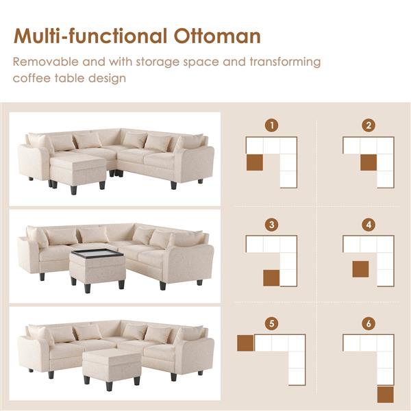 [New]87" Modern Sectional Sofa with coffee table,6-Seat Couch Set with Storage Ottoman,Various Combinations,L-Shape Indoor Furniture with Unique Armrests for Living Room,Apartment, 2 Colors(6 pillows)