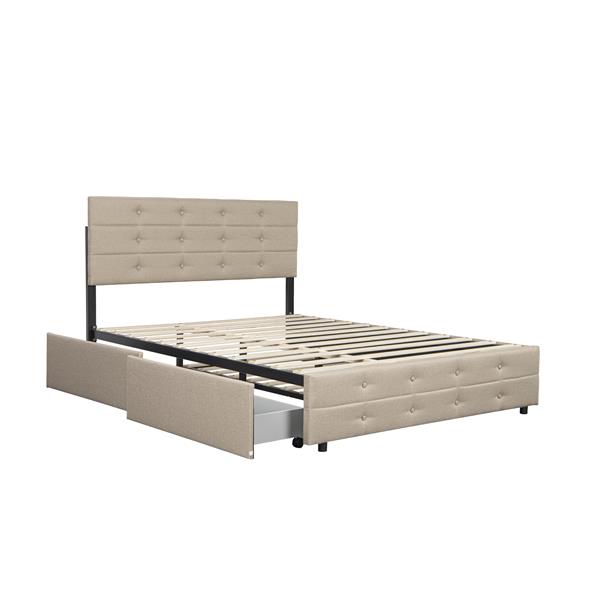 Queen Size Upholstered Platform Bed Frame with 4 Storage Drawers, Adjustable Linen Headboard, Wooden Slats Support, No Box Spring Needed, Easy Assembly, Light Beige