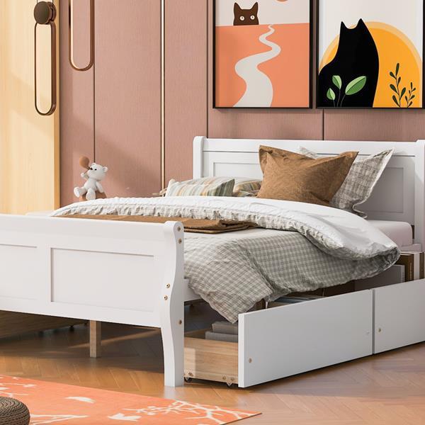 Full Size Wood Platform Bed with 4 Drawers and Streamlined Headboard & Footboard, White