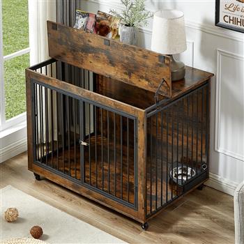 Furniture Style Dog Crate Side Table With Rotatable Feeding Bowl, Wheels, Three Doors, Flip-Up Top Opening. Indoor, Rustic Brown, 43.7\\"W x 30\\"D x 33.7\\"H