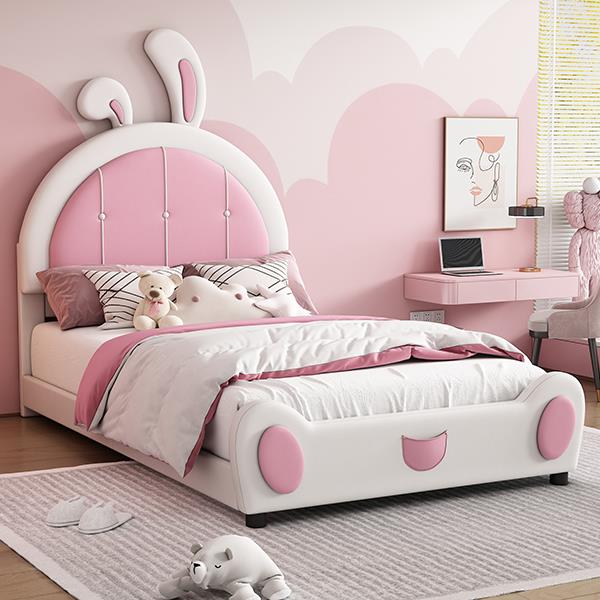 Twin Size Upholstered Platform Bed with Rabbit Shaped Headboard, White