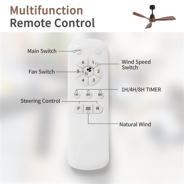 48 Inch Ceiling Fan Without Light, 3 Solid Wood Blades Outdoor Ceiling Fan 6-speed Reversible DC Motor for Living Room