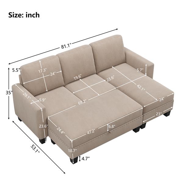 [New]81" Reversible Sectional Couch with Storage Chaise L-Shaped Sofa for Apartment Sectional Set ,Sectional Sofa with Ottoman,Nailhead Textured Linen Fabric 3 pieces Sofa Set,Warm Grey