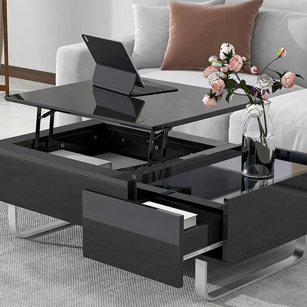 [VIDEO provided] Multi-functional Coffee Table with Lifted Tabletop, Contemporary Cocktail Table with Metal Frame Legs, High-gloss Surface Dining Table for Living Room, Black