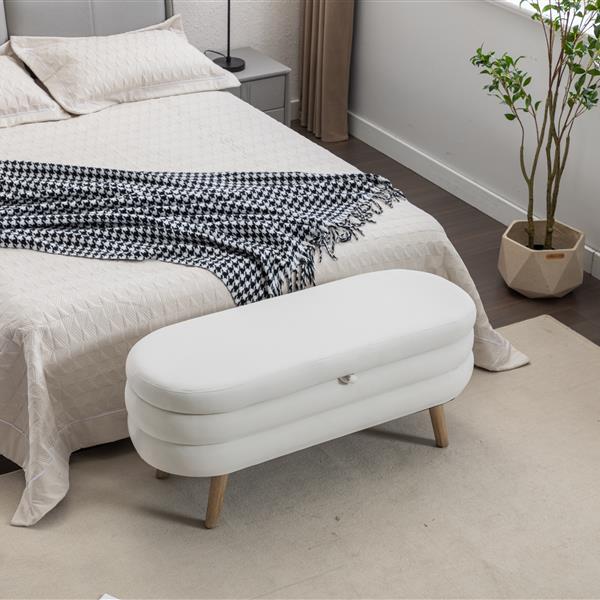 036-Velvet Fabric Storage Bench Bedroom Bench With Wood Legs For Living Room Bedroom Indoor,Ivory