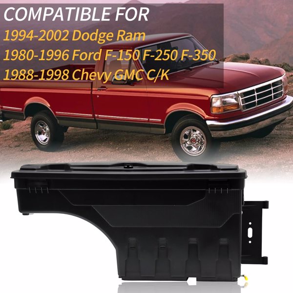 Right Passenger Side Truck Bed Storage Box Fit for 1994-2002 Dodge Ram & 1980-1996 Ford F-Series & 1988-1998 Chevy GMC C/K, Key Lockable Lid Waterproof Truck Bed Toolboxes Black