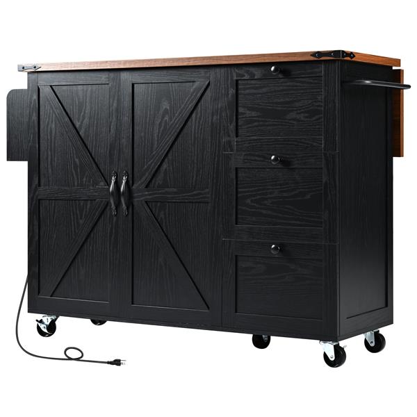 54.5" Farmhouse Kitchen Island with Power Outlet, Kitchen Storage Island  with Internal Storage Rack, Drop Leaf, Spice Rack, Rolling Kitchen Cart on Wheels, for Home, Kitchen and Dining Room,Black