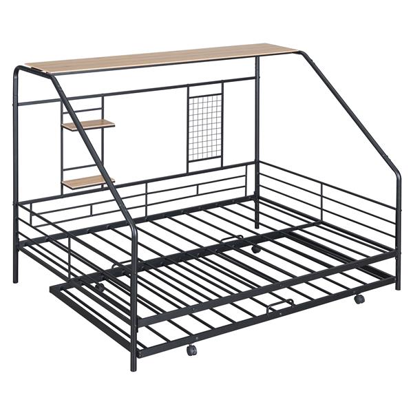 Full Size Metal House Bed with Trundle, Black