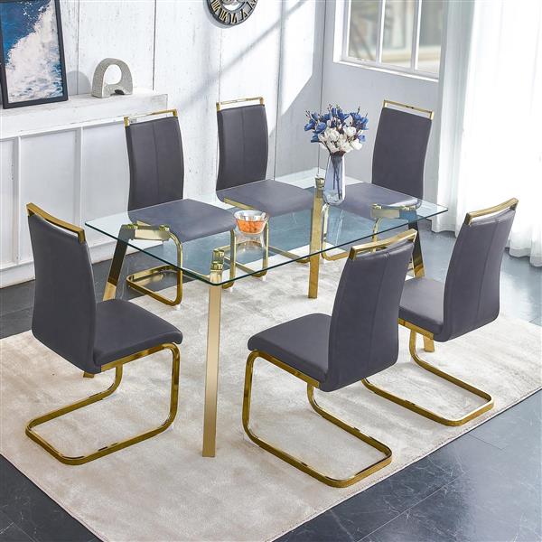 Modern minimalist style rectangular glass dining table with tempered glass tabletop and golden metal legs, suitable for kitchen, dining room, and living room, 63 inches * 35.4 inches * 30 inches