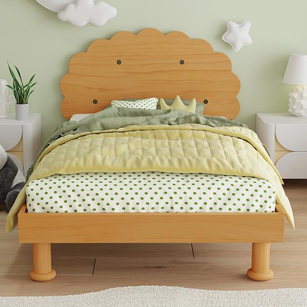 Kids Cookie-Shaped Bed Frame for Boys & Girls,Twin Size Platform Bed, Walnut