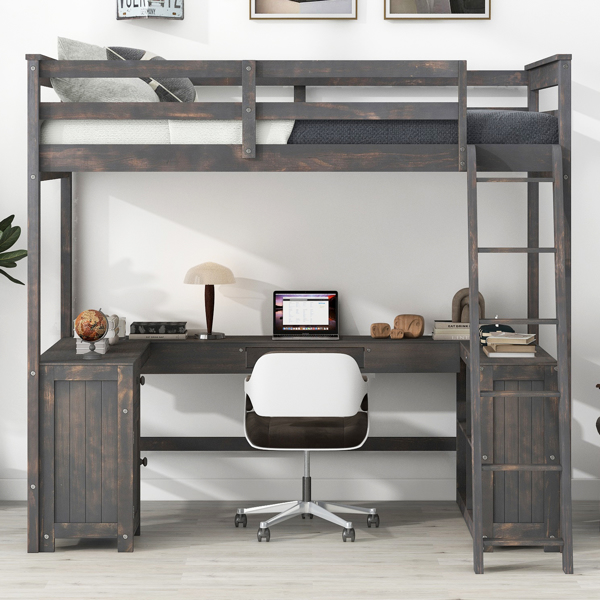 Full Size Loft Bed with U-shaped Desk, Drawers and Storage Shelves, Antique Brown