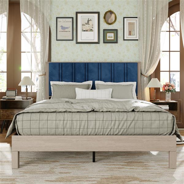 Full Bed Frame, Wood with Wood Headboard Bed Frame with upholstered headboard /  Wood Foundation with Wood Slat Support / No Box Spring Needed / Easy Assembly