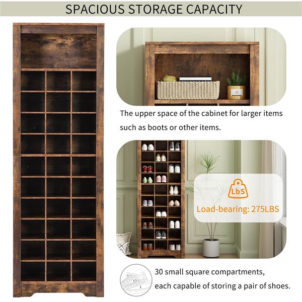 Stylish Design 30 Shoe Cubby Console, Contemporary Shoe Cabinet with Multiple Storage Capacity, Free Standing Tall Cabinet with Versatile Use for Hallway,  Bedroom, Rustic Brown