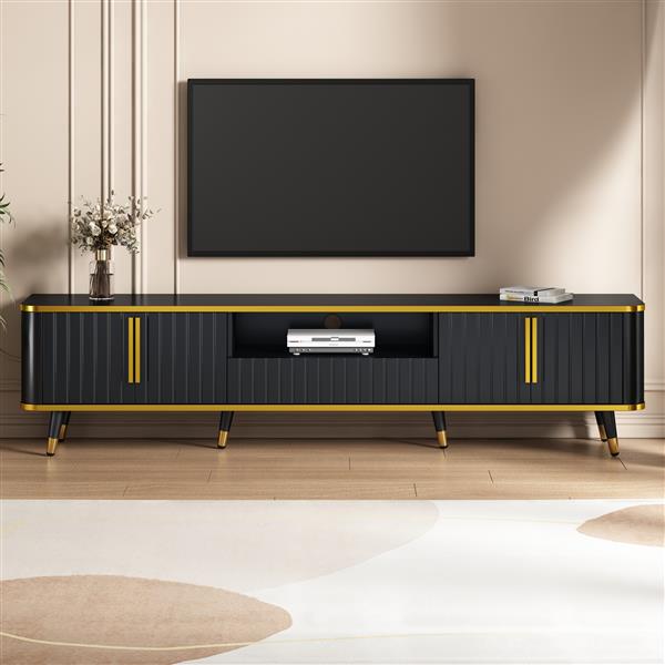 Luxury Minimalism TV Stand with Open Storage Shelf for TVs Up to 85", Entertainment Center with Cabinets and Drawers, Practical Media Console with Unique Legs for Living Room, Black