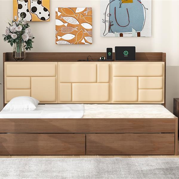 Twin Size Wood Daybed with Upholstered Storage Shelves, USB Ports and 2 Drawers, Wood Color