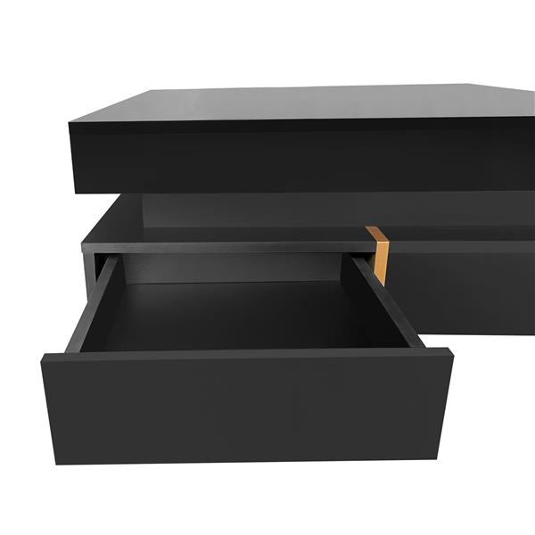 Modern High Gloss Coffee Table with 4 Drawers, Multi-Storage Square Cocktail Tea Table with Wood Grain Legs, Center Table for Living Room, 31.5''x31.5'', Black