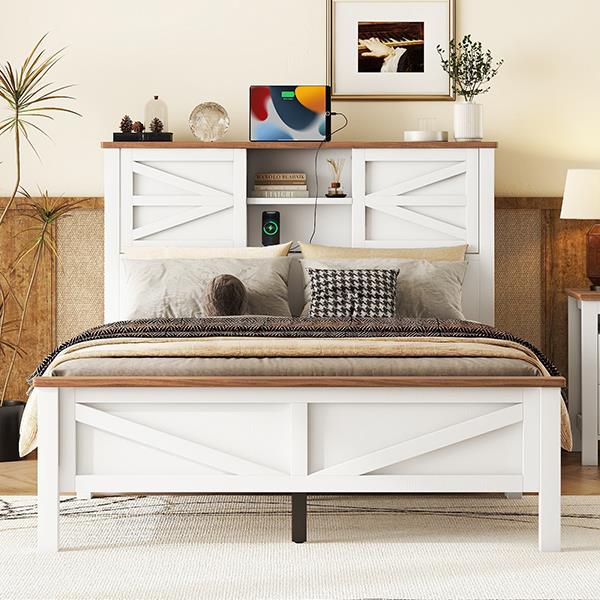 Farmhouse Platform Bed with Double Sliding Barn Door, Full Size Rustic Wood Bed with
Charging Station, Wood Slats Support, White+Brown