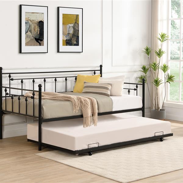 Twin Size Metal Daybed with Pull Out Trundle, Modern 2 in 1 Sofa Bed Frame for Kids Teens Adults,Single Daybed Sofa Bed Frame for Bedroom Living Room Guest Room,No Box Spring Needed