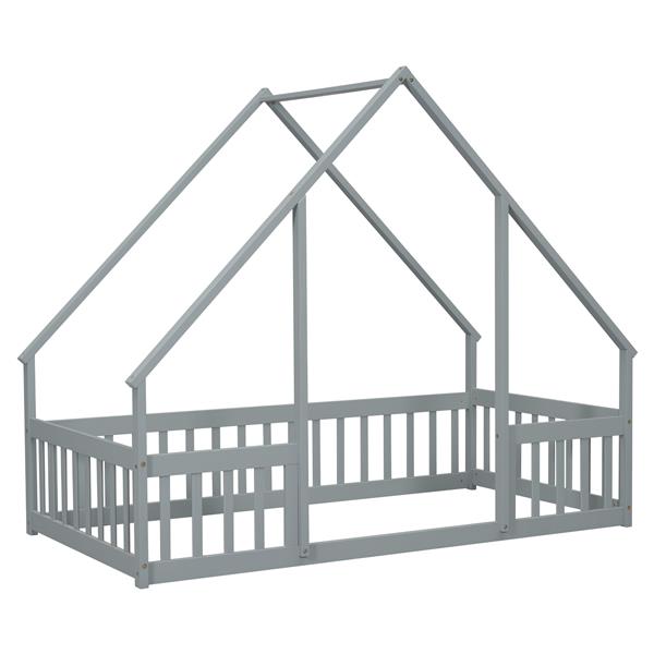 Twin Wood House-Shaped Floor Bed with Fence, Guardrails ,Grey