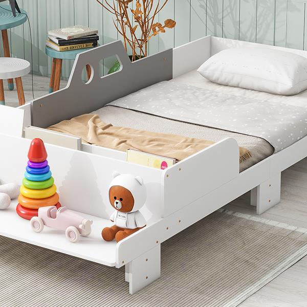 Car-Shaped Twin Wood Bed with Bench,White