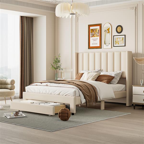 Full Size Storage Bed Velvet Upholstered Platform Bed with a Big Drawer - Beige