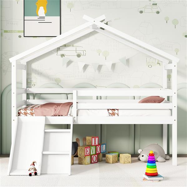 Twin Low Loft House Bed with Slide,  Ladder, Safety Guardrails, House Roof Frame,White