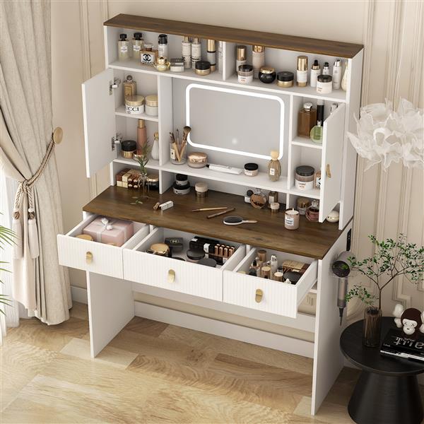 Farmhouse Dressing Table Makeup Table, 43" Wide Dressing Table with Lighted Mirror and Makeup Drawer, Large Modern Dressing Table Set with Hair Dryer Holder for Bedroom, White