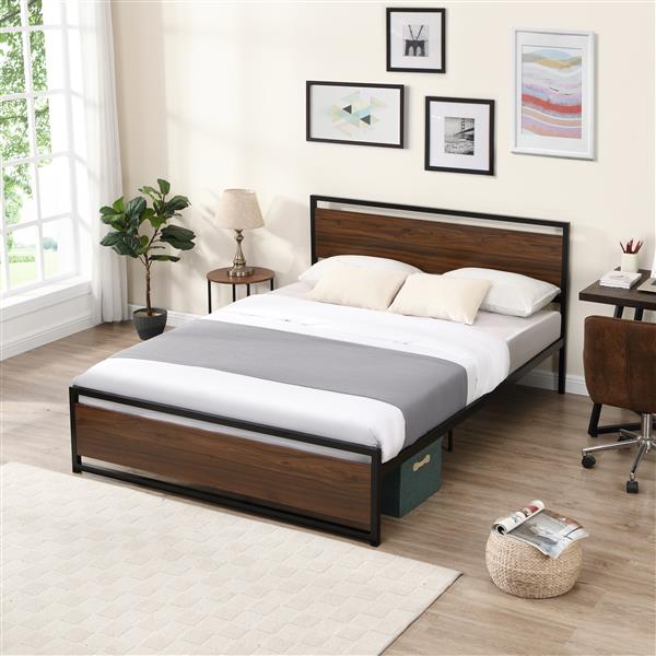 Industrial Platform Full Bed Frame/Mattress Foundation with Rustic Headboard and Footboard, Strong Steel Slat Support, No Box Spring Needed, Noise Free, Easy Assembly